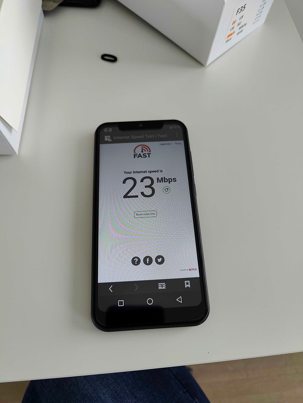 MaxPhone showing an internet speed test result on its screen