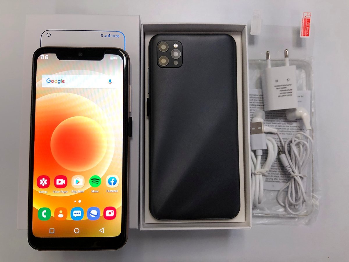 MaxPhone smartphone in black with its box and accessories